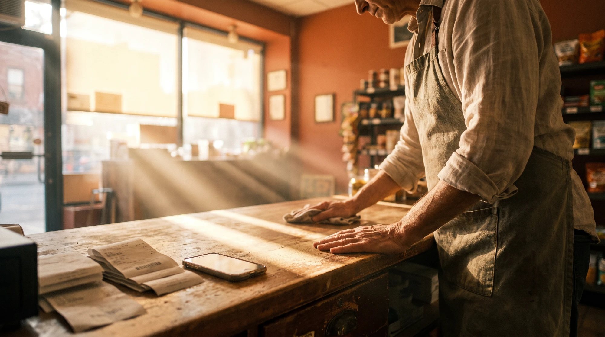A shop owner in a linen shirt and canvas apron wiping a worn wooden shop counter in morning sunlight, with a stack of receipts and a phone on the counter and shelves of snacks behind him