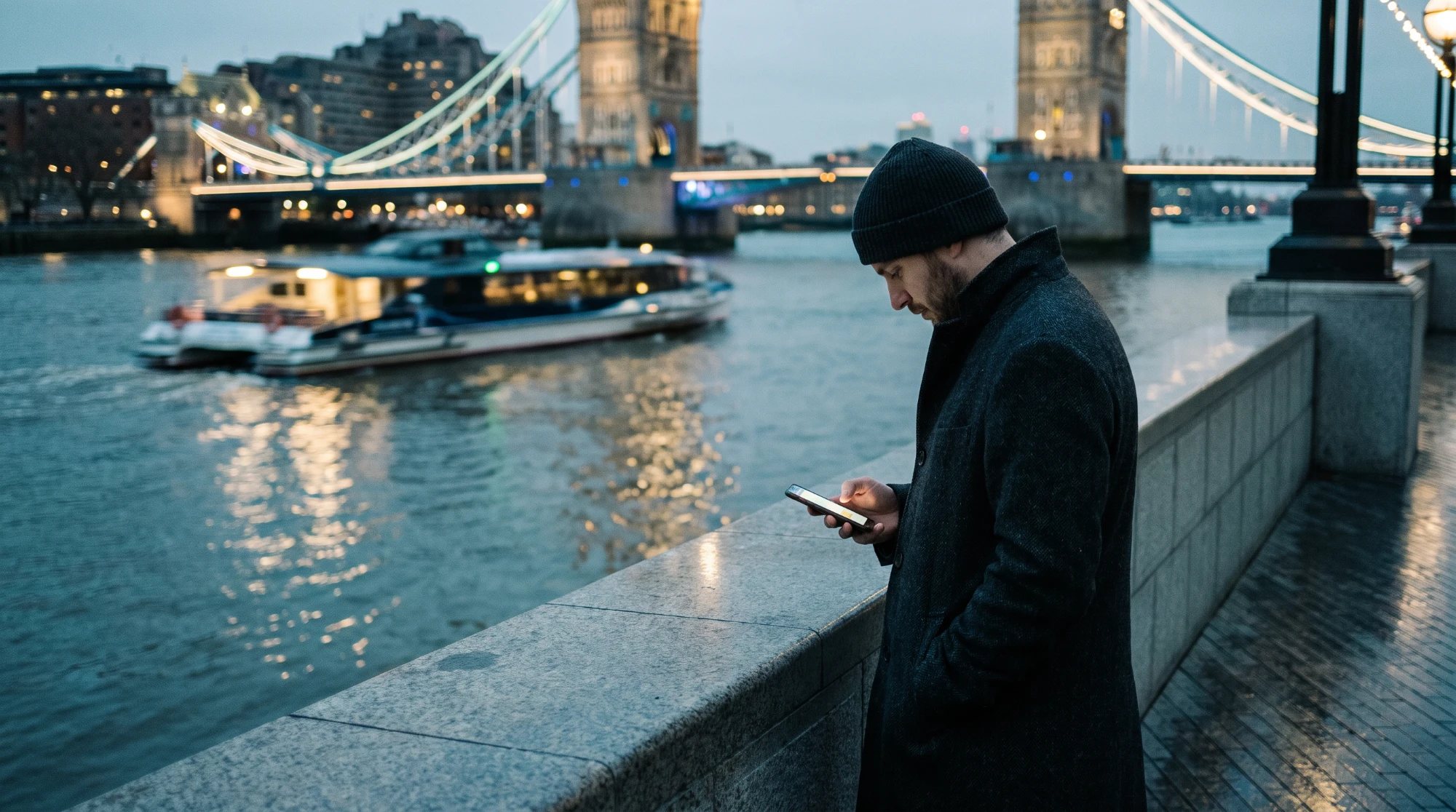 A man in a black beanie and dark wool coat looking down at his phone beside a granite riverside wall on the Thames at dusk, with Tower Bridge lit up behind him and a passenger boat on the water